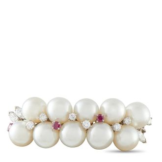 Luxury Bazaar Platinum 0.75ct Diamond, Ruby, and Pearl Brooch MF08-082526