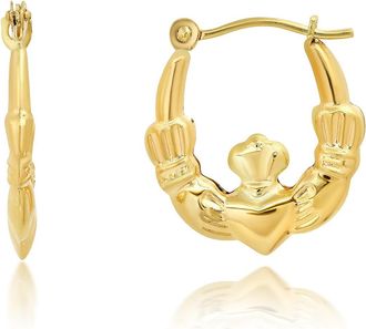 MAX + STONE Solid 14K Yellow Gold 16MM Claddagh Hoop Earrings with Click-top Closure