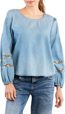 BILLY T Floral Embroidery Cotton Blend Poet Top in Denim at Nordstrom, Size X-Large