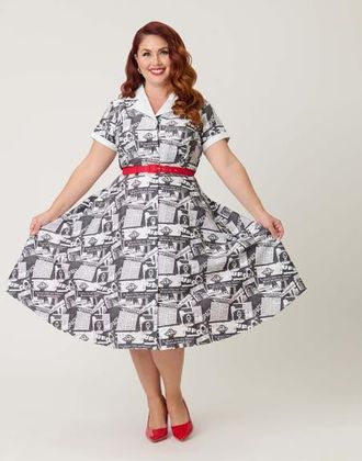 Unique Vintage Plus Size Collared Short Sleeved Belted Alexis Swing Dress in Black & White Newspaper Print at Nordstrom, Size 1X