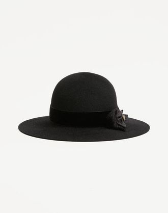 Valentino Garavani Vlogo Signature Hat in Lapin Fabric and Velvet with Taffetas Bow Woman BLACK 56