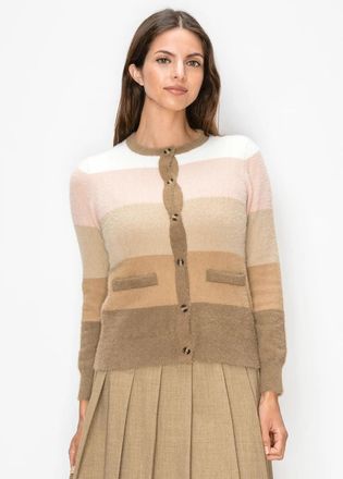YAL New York Fuzzy Knit Colorblock Cardigan in Camel and Blush
