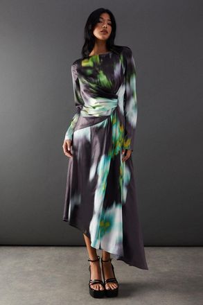 Warehouse Womens Printed Satin Knot Front Asymmetric Hem Midi Dress - Multicolour - Size 10 UK