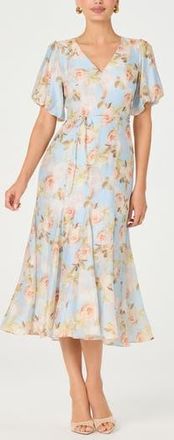 ASTR the Label Lavena Floral Puff Sleeve Midi Dress in Blue Flrl at Nordstrom Rack, Size Small