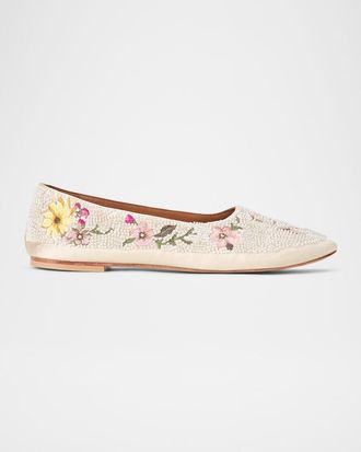 Staud Alba Embroidered Satin Ballet Flats