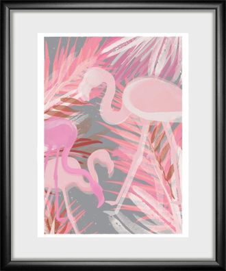 Queence Bild »Flamingo« Flamingos Pflanzen Pflanzenbilder Vogelbilder Vögel HD Premium Poster-Druck inkl. Holzrahmen