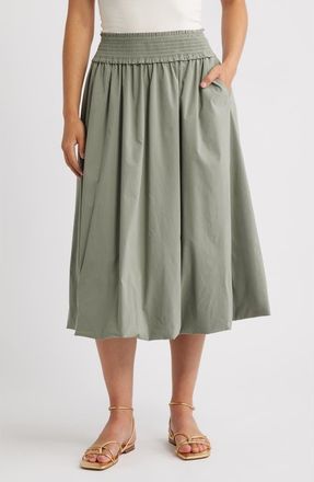 Wit & Wisdom Smocked Waist Bubble Hem Midi Skirt in Deep Seagrass at Nordstrom, Size X-Large