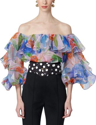 Carolina Herrera Off-Shoulder Ruffle Balloon Sleeve Silk Top
