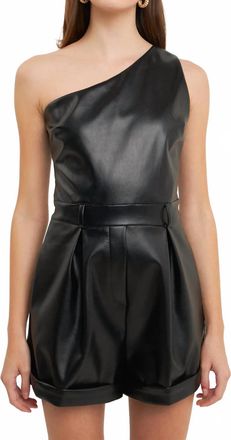 endless rose Faux Leather One Shoulder Romper In Black