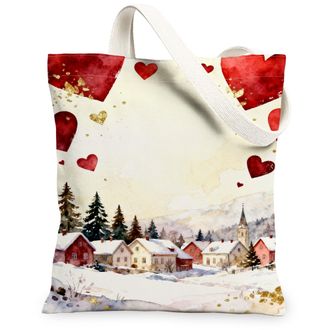 Generic ValentineS Hearts Canvas Tote Bags, Rustic Love Pattern Reusable Grocery Bags, Winter Vintage Lightweight Washable Shoulde, Red, 13x15 Inch