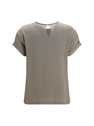 Brunello Cucinelli Womens Silk Blouse With Monili Chain Rosemary Elastane; T-Shirts And Polos