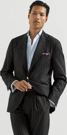 Brunello Cucinelli Virgin wool and cashmere chalk stripe flannel deconstructed blazer with large peak lapels and metal buttons in Anthracite at