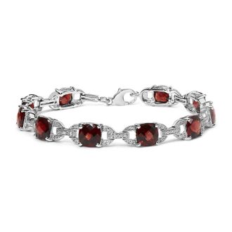 House of Brilliance 925 Sterling Silver 7x7mm Checkered Cushion Red Garnet and Diamond Accent Fashion Tennis Link Bracelet (I-J Color, I1-I2 Clarity)