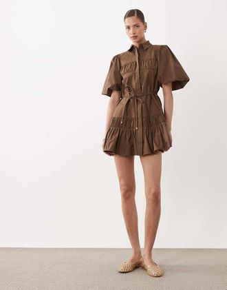 Asos Vestito camicia corto color cioccolato con maniche a sbuffo e laccetti-Marrone