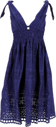 Self Portrait Deep V-neck Broderie-Anglaise Dress In Navy Blue Cotton