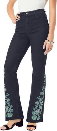 Roaman's Plus Size Invisible Stretch Embroidered Split Flare-Leg Jean in Indigo Vine at Nordstrom, Size 16