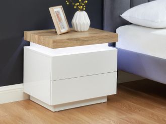 Vente-Unique Comodino 2 cassetti Con LED MDF Laccato Bianco e Rovere - Lotto di 2 - HALO II