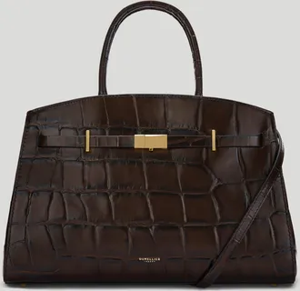 DeMellier The Midi Hudson in Dark Chocolate Large Croc-Effect Leather Crossbody bag