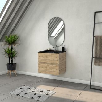 Aurlane Mueble De Ba&ntilde;o 60cm Con 2 Cajones Aspecto Roble Natural + Lavabo Negro Y Espejo Ovalado