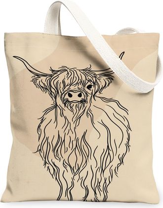 Generic Artistic Animal Canvas Tote Bags, Vintage Highland Cow Design Reusable Grocery Bags, Lightweight Washable Shoulder Strap Ca, Beige, 13x15 Inch