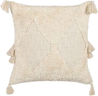 Beliani Coj&iacute;n De Algod&oacute;n Beige Claro 45 X 45 Cm Patr&oacute;n Geom&eacute;trico Borlas Relleno Avium