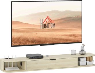 HOMCOM mueble de TV suspendido para salón con cajón abatible 2 estantes abiertos gestión de cables para televisión 60 pulgadas 140x24x16 cm natural