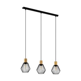 Loops Hanging Ceiling Pendant Light Black Cage & Wood 3x E27 Bulb Kitchen Feature