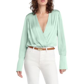 Favorite Daughter Surplice Long Sleeve Satin Bodysuit in Light Sage at Nordstrom, Size X-Small