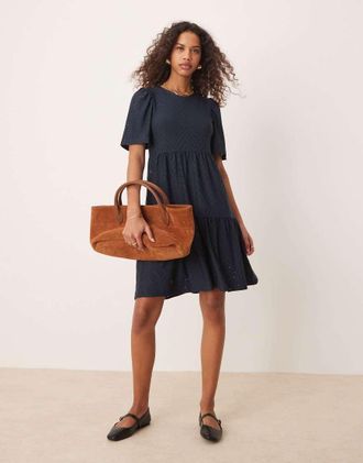 Jacqueline de Yong tiered eyelet midi dress in navy