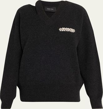 Simone Rocha Embellished Merino Wool Slash Cutout V-Neck Sweater