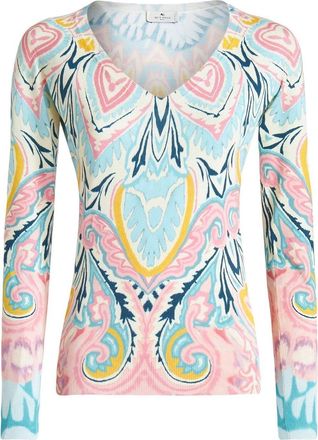 Etro graphic-print V-neck jumper - women - Silk/Elastane - 46 - Blue