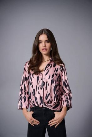 Joseph Ribkoff Recycled Satin Animal Print Draped Top In Pink Black