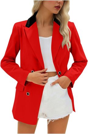 Generic Red Blazers for Women UK with Shoulder Pads Ladies Button Suit Jacket with Pockets Business Smart Casual Open Front Cardigan Coats Elegant Work Office