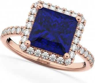 Allurez Princess Cut Halo Blue Sapphire & Diamond Engagement Ring 14K Rose Gold 3.47ct
