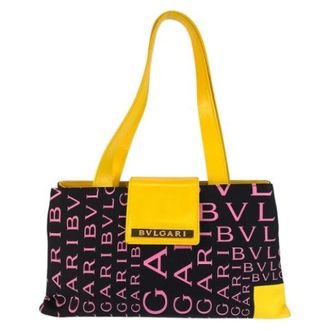 Bulgari Pre-owned Logo Mania Canvas Leather Shoulder Tote Bag - Dames - Pre-owned - Zwart - Maat: ONE Size Leer