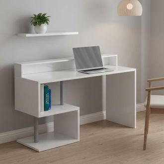 Dmora Escritorio Silvestro, Escritorio Lineal Con Estantes De Almacenamiento, Escritorio De Oficina Multiusos Con Tapa, 140x60h93 Cm, Blanco, Con Embalaje R