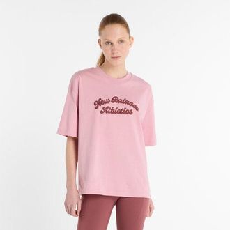 New Balance Mujer Linear Heritage Oversized T-Shirt en Rosa, Jersey de algodón, Talla 2XL