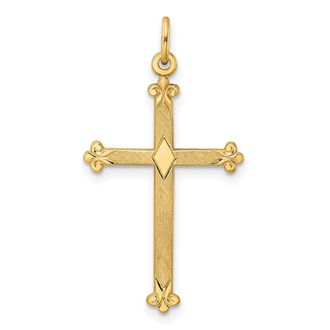 Diamond2Deal 14k Yellow Gold Polished and Textured Solid Diamond Shape Cross Pendant