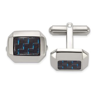 Diamond2Deal Stainless Steel Polished with Black and Blue Carbon Fiber Inlay Cuff Links