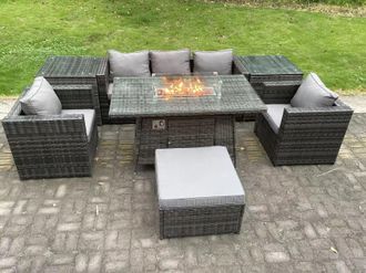 Fimous 6 Seater Outdoor PE Rattan Garden Furniture Set Gas Fire Pit Dining Table Gas Heater Burner Footstool in Dark Grey