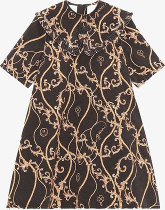 Ganni Short Sleeve Print Denim A-line Frill Collar Mini Dress in Black Size 10 Womens