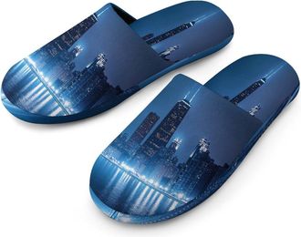 Generic Chicago Skyline at Night Mens Flannel Slipper Soft Comfy House Shoes Non Slip Winter Warm Indoor Outdoor Slippers