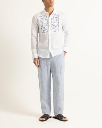 Orlebar Brown Giles Embroidery Tailored Fit Linen Embroidery Shirt in White Sand/night Iris at Nordstrom, Size Xx-Large