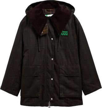 Ganni Hooded Tartan wax Cotton Jacket - Dark Green - 16 (UK16 / XL)