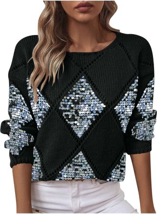 Generic Christmas JumperFleece Diamond Pattern Crewneck Long Sleeves Sweaters Casual Comfortable Soft Tops Fleece Knit Jumpers Dating Office Travel Holiday Wa