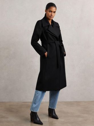 Reiss Black Wool-blend Double-lapel Belted Coat With Cashmere, 12