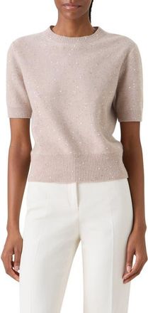Akris Sequin Short Sleeve Virgin Wool & Cashmere Blend Sweater in Beige at Nordstrom, Size 14