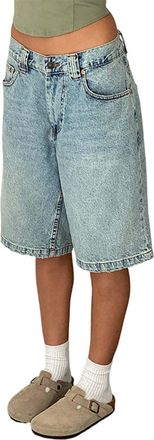 Generic Jorts Baggy Womens Short Jeans Y2K Loose Straight Leg Low Waist Denim Shorts Knee-Length Vintage 90s Streetwear with Pockets Solid Color Washed (Light