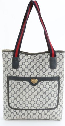 Gucci Sherry Line Navy Leather Coated Canvas Shoulder Bag Tote Bag (Pre-Owned)