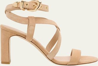 Stuart Weitzman Maven Suede Buckle Block-Heel Sandals